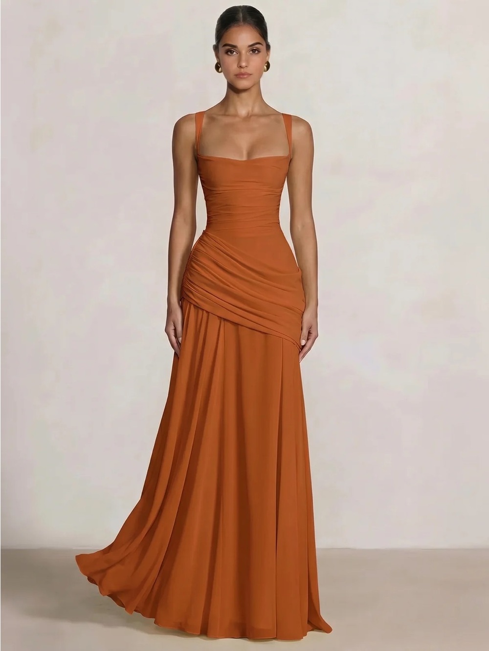 Ruched Rust Orange Square-Neck Maxi Dress